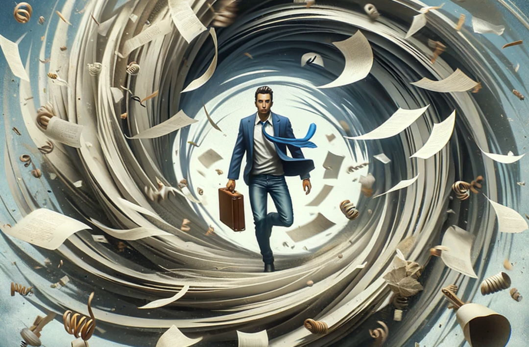 A businessman walking through a swirl of papers